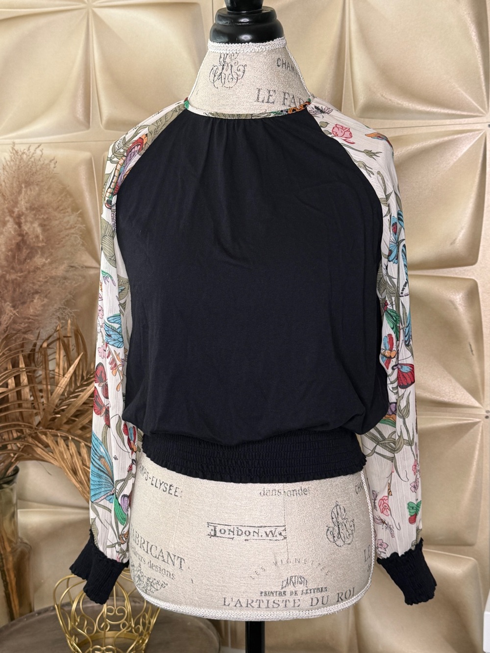 Tiny Floral Butterfly Smocked Blouse XS Boho Top